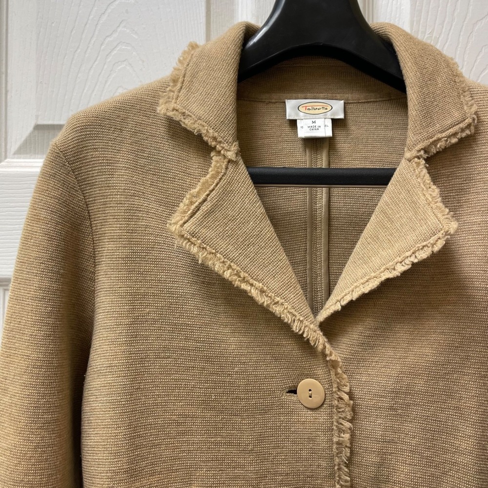 Vintage Talbots Medium Khaki Pure Merino Wool Blazer Style Frayed Trim Sweater